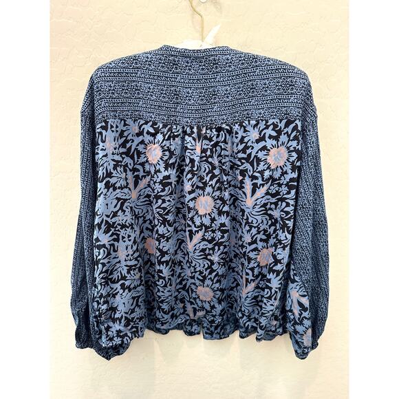 FREE PEOPLE | Boho Blue Floral Peasant Open Front Blouse Top | Medium - Picture 4 of 6